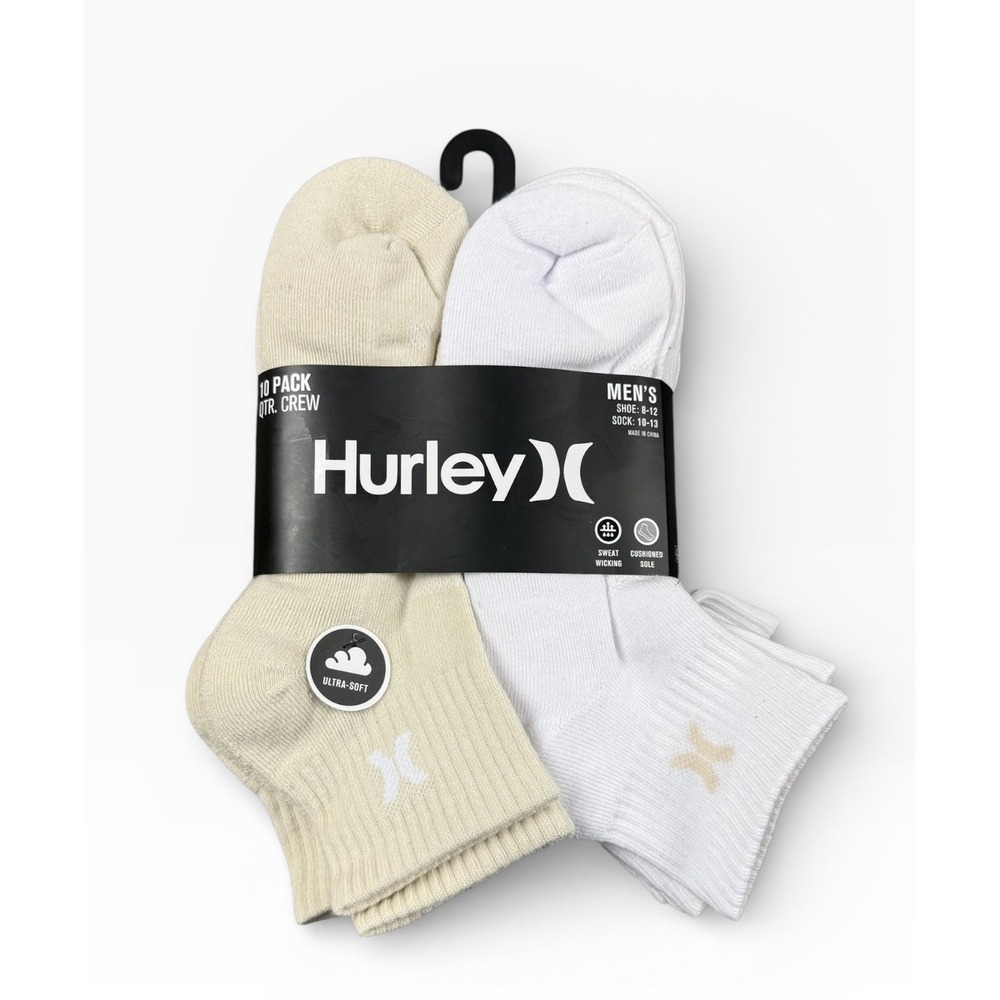 Hurley 10 Pack Quarter Crew Socks White & Cream Men's 8-12 Cushioned NEW